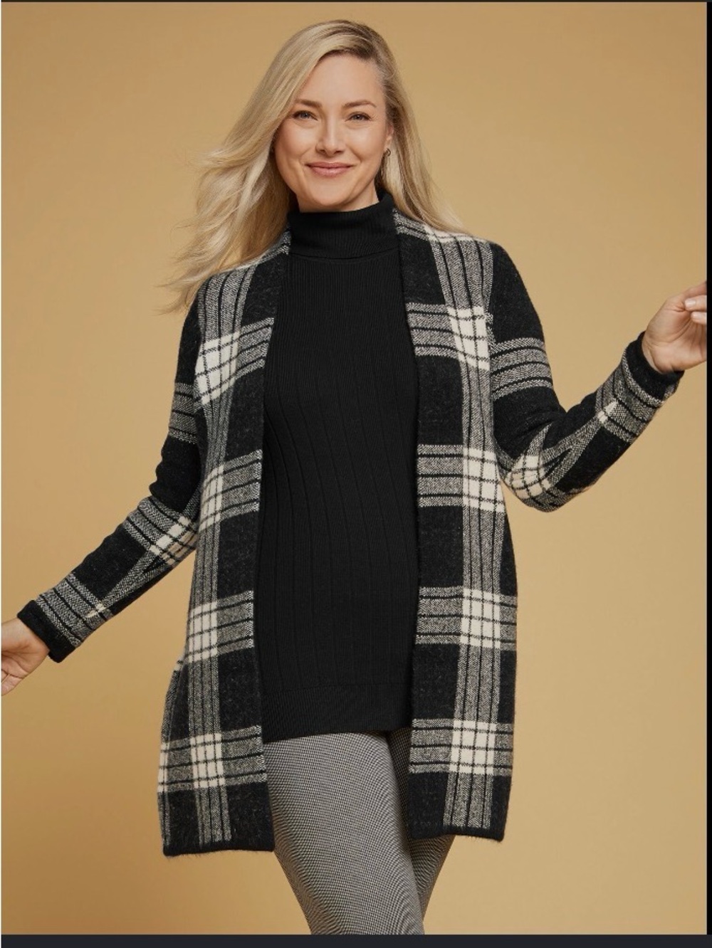 Talbots Black and White Plaid Open-Front Cardigan Sweater Jacket Small